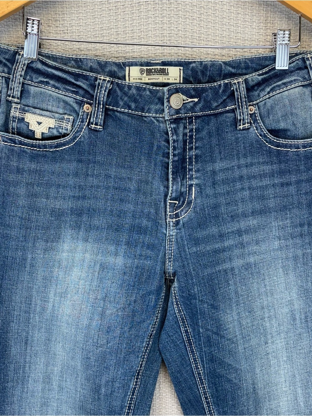 Rock & Roll Cowgirl Riding Jeans Women 30/34 Mid Rise Bootcut Stitching Western - Picture 3 of 9